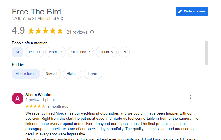 wedding photography business google review